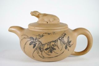 Antique Chinese Yixing Stoneware Teapot,  Buffalo Finial,  Yellow Clay,  Tiehuaxuan