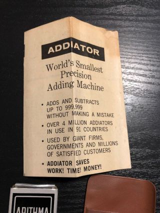 THE ADDITOR,  THE WORLD ' S SMALLEST PRECISION ADDING MACHINE,  & BOOKLET - 1950 ' S? 3