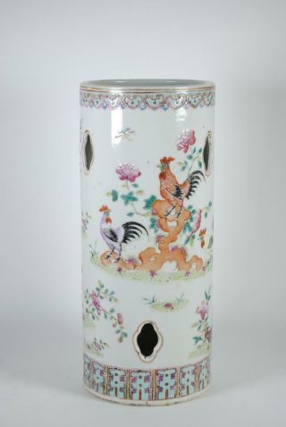 Antique Chinese Famille Rose Porcelain Hat Stand Vase W 9 Roosters,  Mark