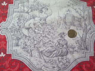 Vintage French 1940s Red & Gray Four Season Cotton Toile Fabric 38 " L X 26 " W