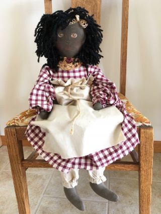 Primitive Black Folk Art Large Doll 28 " Ooak Hand Painted Face Raggedy Ann