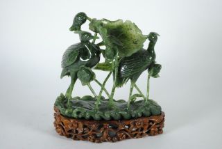 Fine Chinese Spinach Jade Carved Figural Group - Cranes & Lotus W Wood Stand