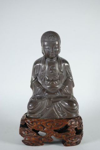 Rare Antique Chinese Silver Seated Buddah Statue,  174g,  Mark,  Wood Stand
