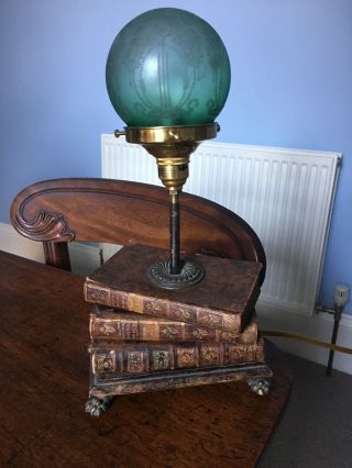 Antique Edwardian Electric Lamp With Etched Shade.
