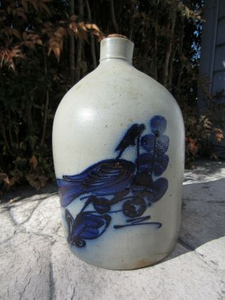 1867 - 1875 N.  A.  White & Son,  Utica Ny 2 Gallon Jug W/ Handle Dark Cobalt Blue Bird