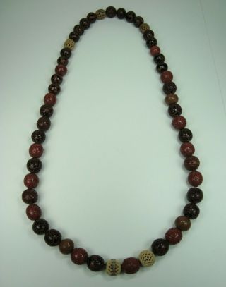 Vintage Japanese Ojime Hand Carved Lacquer & Bovine Beads Netsuke Necklace 35