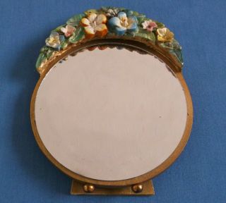 Vintage Small Barbola Flowers Round Easel Dressing Table Mirror Art Deco C1930s