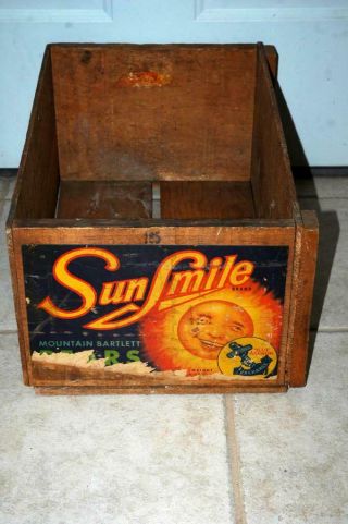 Antique Sun Smile Brand Pears Wood Wooden Box Fruit Crate Blue Anchor