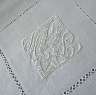 6 Fine French Linen 23 " Napkins W Point De Paris Lace Hand Embroidered Monogram