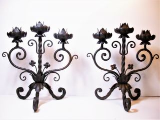 Vintage Pair Mid Century Medieval Spanish Mission Style Wrought Iron Candelabras