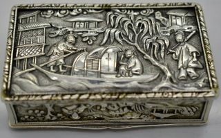 Rare Chinese Export Silver Figural Scenes Snuff Box.  Wongshing Of Canton C.  1840