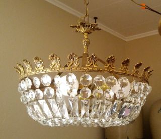 Vintage Gold Spanish? Cast Metal 3 Light Crystal Swag Chandelier Ceiling Fixture