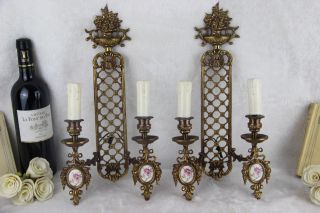 Pair Vtg French Limoges Porcelain Floral Plaques Wall Lights Sconces Brass