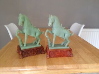 Pair Vintage Jade Like Horses On Stand