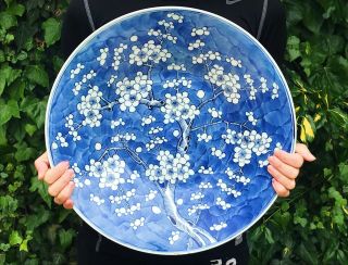 Huge 41cm Chinese Antique Porcelain Blue And White Prunes Plate 19th Century