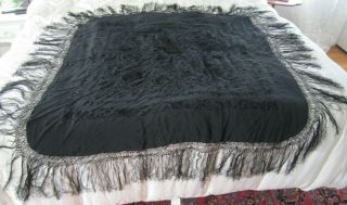 Vintage Black Hand Embroidered Silk Crepe Piano Shawl W/ Fringe