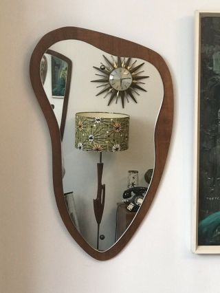 Mid Century Teak Wood Atomic Mirror In A Fabulous 23”x14”