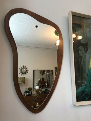 Mid Century Teak Wood Atomic Mirror in a fabulous 23”x14” 3