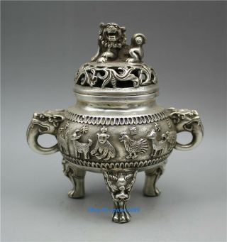 Chinese Tibetan Silver Incense Burner Hand - Carved Lions And Chinese Zodiac