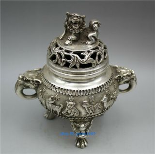 Chinese Tibetan silver Incense burner hand - carved lions and Chinese Zodiac 2