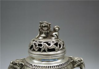 Chinese Tibetan silver Incense burner hand - carved lions and Chinese Zodiac 3