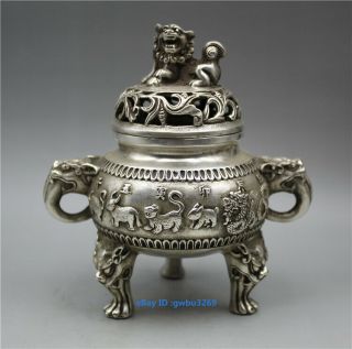 Chinese Tibetan silver Incense burner hand - carved lions and Chinese Zodiac 5