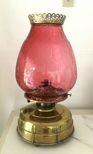 Large Antique Brass And Cranberry Oil Lamp Heater Oil Lamp