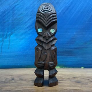 Antique Maori Carved Wood Tiki Tattoo Tribal Sculpture 7.  75” With Abalone Eyes