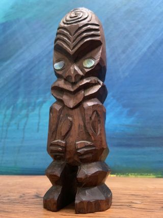 Antique Maori Carved Wood Tiki Tattoo Tribal Sculpture 7.  75” with Abalone Eyes 2