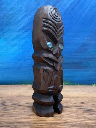 Antique Maori Carved Wood Tiki Tattoo Tribal Sculpture 7.  75” with Abalone Eyes 3