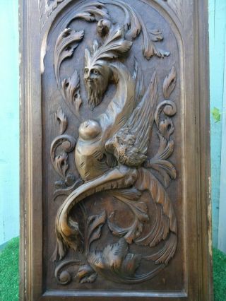 19thc Gothic Wooden Walnut Panel: Winged Devilish Grotesque Figure C1880s