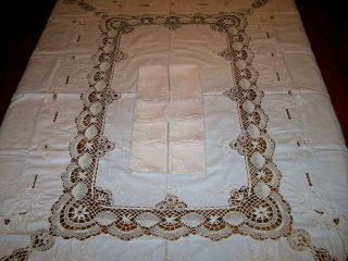 Exquisite Vintage Cutwork Tablecloth,  Whitework,  Needle Lace,  8 Napkins Pristine
