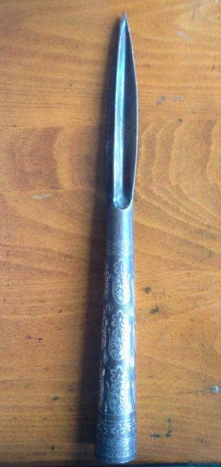 African Tribal Art Of Old Masai Spear Head,  Hand Painted In Silver,  Unusual 1940