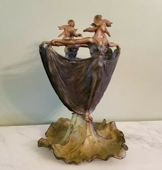 Antique Art Nouveau Bronze Maiden Lady On Leaf Centerpiece Planter Bowl Vtg Deco