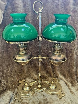 Vintage Victorian - Style Double Student Desk Lamp Brass With Green Glass Shades