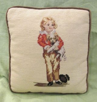 Antique Victorian Boy With Dog And Top Hat Needlepoint Pillow Child Puppy