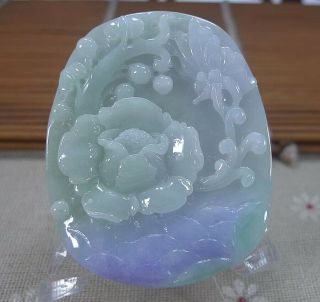 Icy Lavender Green Jadeite Jade【grade A】carved Butterfly&flowers 蝶恋花 Pendant