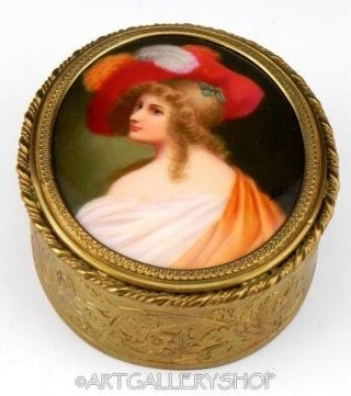 Antique French Bronze Box Plaque Painting Lady Portrait Duchess Of Exeter Brodel