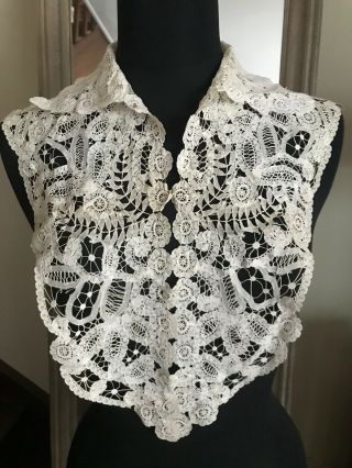 Remarkable Antique Handmade Ladies Half Blouse - Bobbin Lace With High Collar