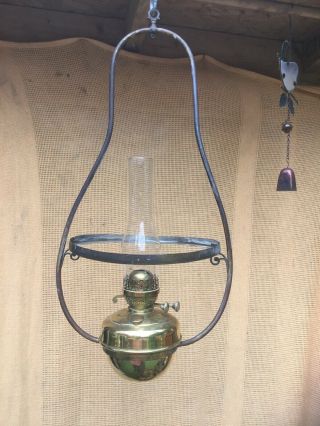Vintage Brass & Glass English Hanging Oil Lamp Style No Shade P&p