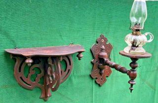 Antique Carved Walnut Victorian Eastlake Wall Shelf & Oil Lamp Sconce W/oil Lamp
