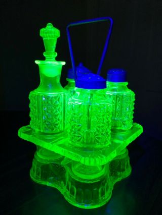 Adams Eapg Uranium Vaseline Glass Castor Cruet Condiment Shaker Set 1880s Glows