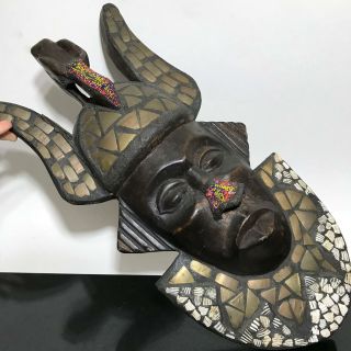 Vtg African Ethnographic Carved Wood Shell Beaded Folk Art Mask Sculpture