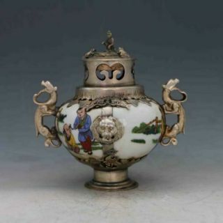 Chinese Old Porcelain Inlaid Tibetan Silver Copper&monkey Lid Incense Burner