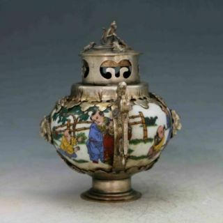 Chinese Old Porcelain Inlaid Tibetan Silver Copper&Monkey Lid Incense Burner 3