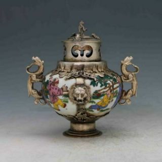 Chinese Old Porcelain Inlaid Tibetan Silver Copper&Monkey Lid Incense Burner 4