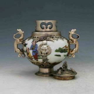 Chinese Old Porcelain Inlaid Tibetan Silver Copper&Monkey Lid Incense Burner 5