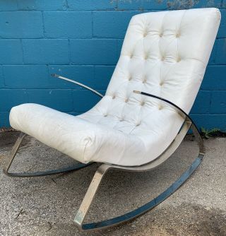 Milo Baughman Chrome Flat Bar Rocker Chair Leather Mid Century Modern