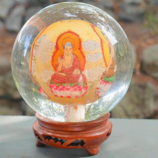VINTAGE HAND PAINTED ART INNER PAINTING CHINESE CRYSTAL BALL W/ 4 BUDDHA IMAGES 3