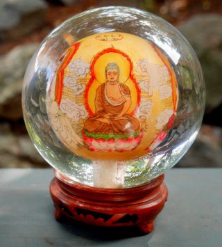 VINTAGE HAND PAINTED ART INNER PAINTING CHINESE CRYSTAL BALL W/ 4 BUDDHA IMAGES 4